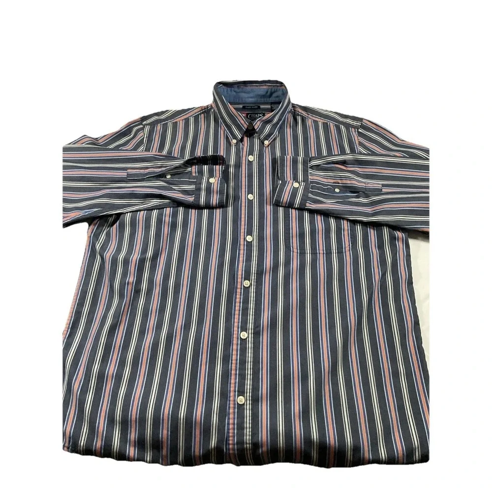 2 Chaps Mens Easy Care Striped Button Down Shirt L/G Blue Orange White